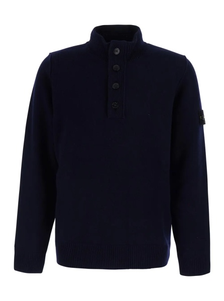 Pulover Blue High-neck sweater with front buttons and logo patch on the sleeve in wool for men