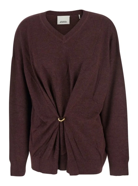 Pulover Bordeaux V-Neck Sweater with Ring Detail at the Waist in Fabric Woman