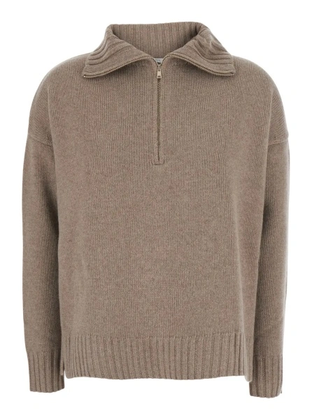 Pulover 'Crasso' Beige sweater with dropped shoulders and front zip closure in cashmere for women