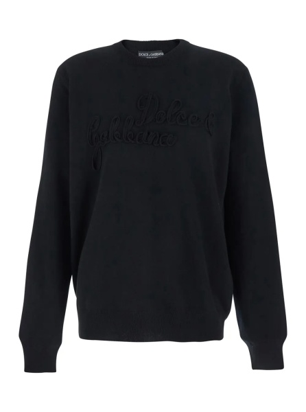 Pulover Crew Neck Sweater with Logo Lettering on the Front in Black Wool for Men