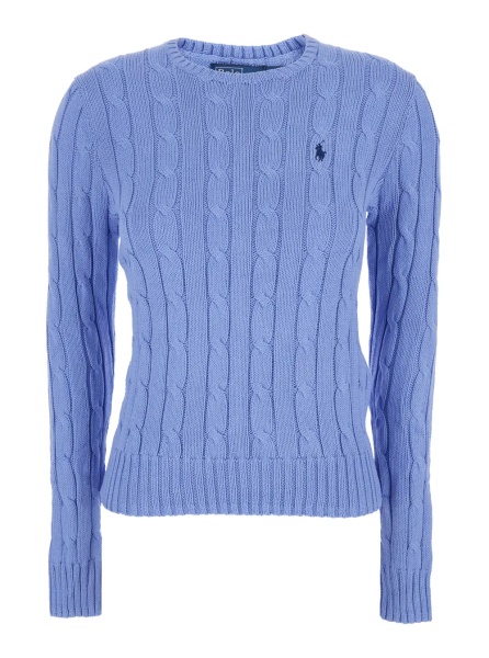 Pulover Crewneck Sweater with Pony Embroidery on the Front and Cable Knit in Light Blue for Women