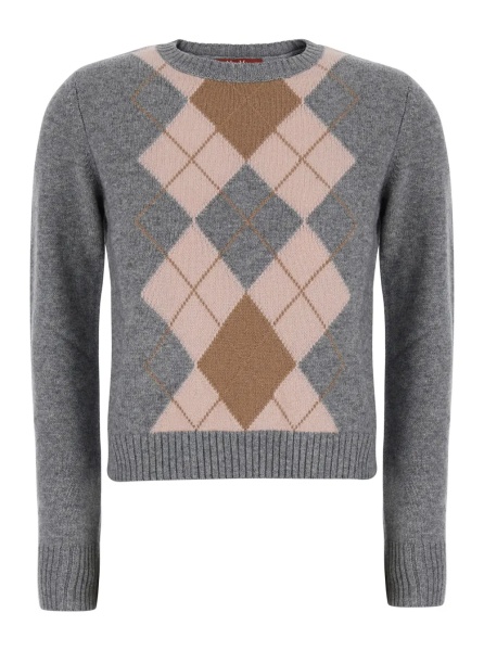 Pulover 'Faraone' Gray Short crew neck sweater with argyle motif on the front in wool and cashmere for women