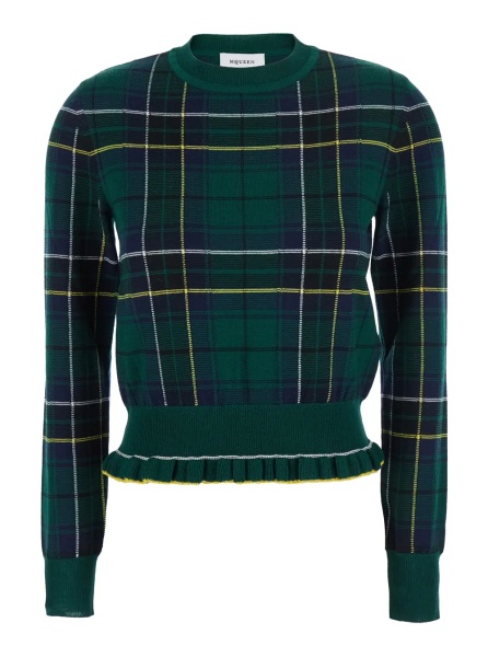 Pulover Green Crew Neck Sweater with Tartan Pattern and Fringed Hem in Wool Woman
