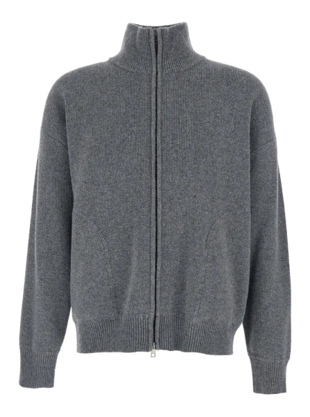 Pulover Grey Sweatshirt with Dropped Shoulders and Front Zip Closure in Wool Man