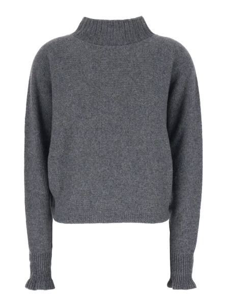 Pulover Grey Turtleneck Sweater with Metallic Logo Plaque on the Rear and Flared Cuffs in Wool Blend Woman