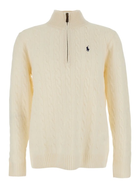 Pulover High Neck Sweater with Pony Embroidery on the Front and Half Zip Closure in White Wool and Cashmere for Men
