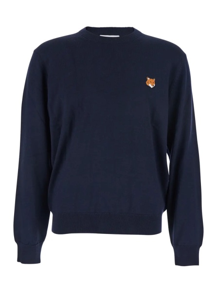 Pulover MAISON KITSUNÉ Blue Crew Neck Sweater with Fox Patch on the Front in Wool Man