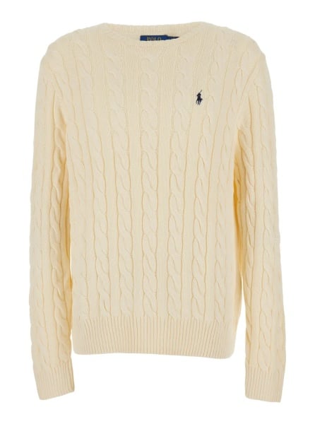 Pulover White Crewneck sweater with cable knit and Pony embroidery on the front in cotton for men