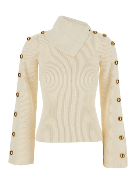Pulover White Sweater with asymmetrical high collar and jewel buttons on the sleeves in Blend viscose for women