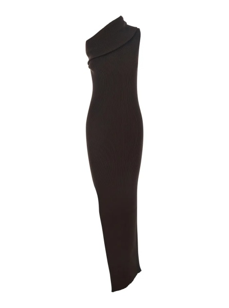 Rochii 'Athena' Brown Ribbed Knit Sleeveless Asymmetric Long Dress with Wide Neckline in Viscose Blend Woman
