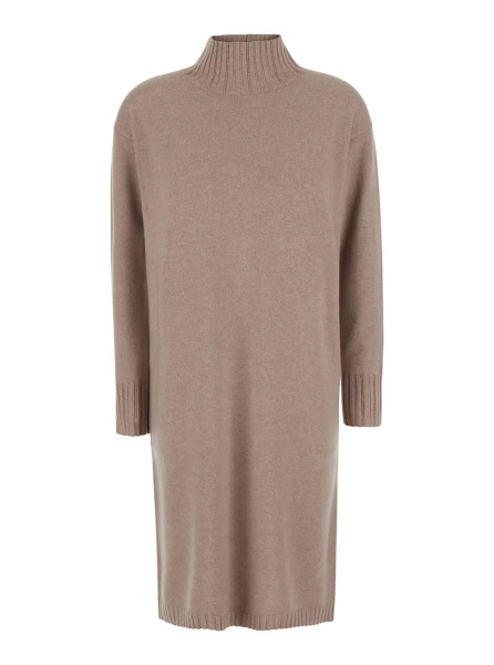 Rochii beige Dress with high collar and rhinestone details in wool and silk Blend women