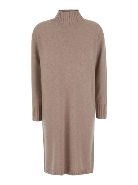 Rochii beige Dress with high collar and rhinestone details in wool and silk Blend women