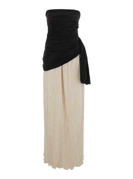 Rochii Black and White Long Dress with Boat Neckline and All-Over Pleats in fabric for Women