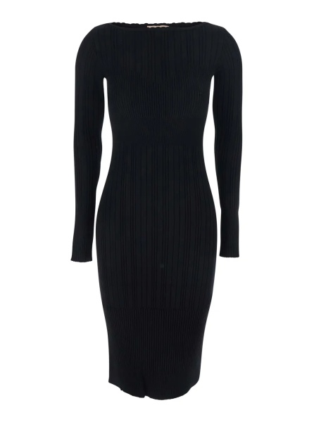 Rochii Black Long Dress with Boat Neck and Ribbed Design in Fabric Woman