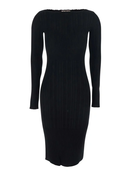 Rochii Black Long Dress with Boat Neck and Ribbed Design in Fabric Woman