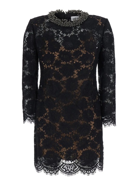 Rochii Black Mini Dress with Beaded Collar and All-Over Lace Embroidery in Tech Fabric for Women