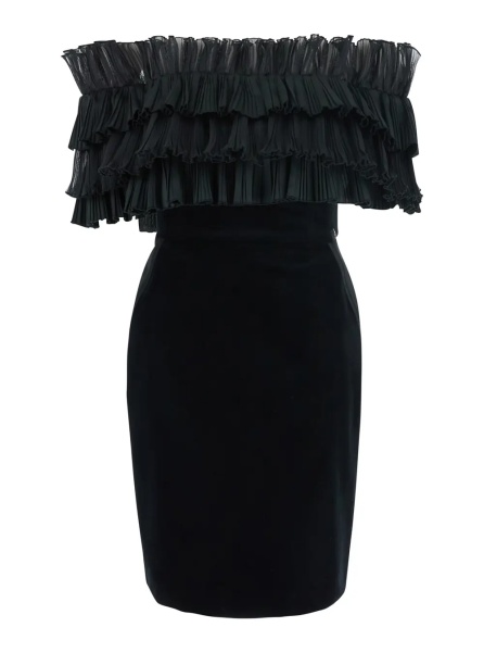 Rochii Black Mini Dress with Ruffles and Off-shoulder Design in Velvet for Women