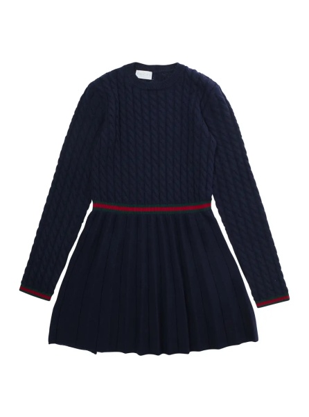 Rochii Blue Dress with Round Neck and Web Detail in Wool Girl