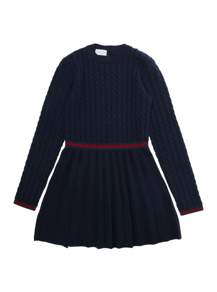 Rochii Blue Dress with Round Neck and Web Detail in Wool Girl