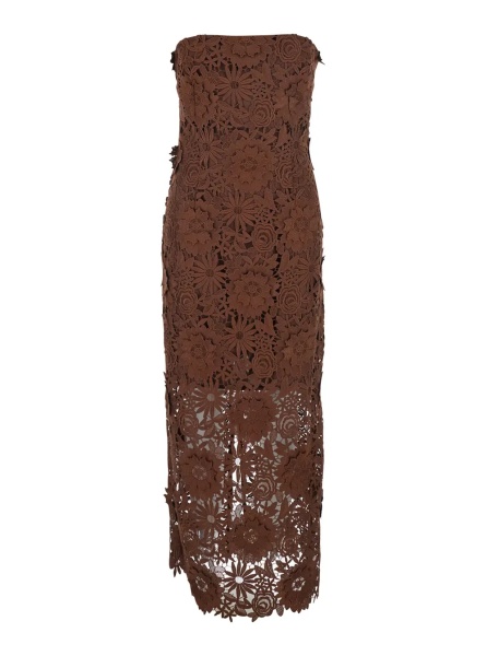 Rochii Brown Midi Dress with All-Over Floral Embroidery and Off Shoulder Design in Tech Fabric for Women