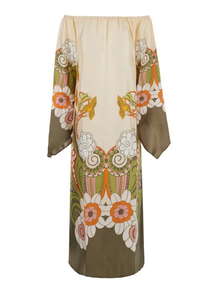 Rochii 'Goddess' Multicolor Long Dress with off-shoulder design and Ambrosia motif all-over in silk for women