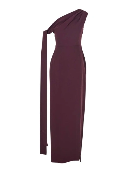 Rochii 'Irina' Bordeaux One-Shoulder Long Dress with Draped Neckline in Fabric Woman