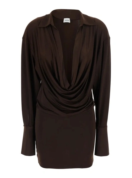 Rochii 'Lilia' Brown Mini Dress with Deep V-Neck and Open Collar in Stretch Tech Fabric for Women