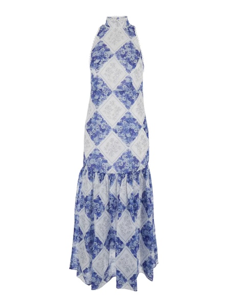 Rochii Long 'Floral' Dress with High American Collar in Tech Fabric for Women
