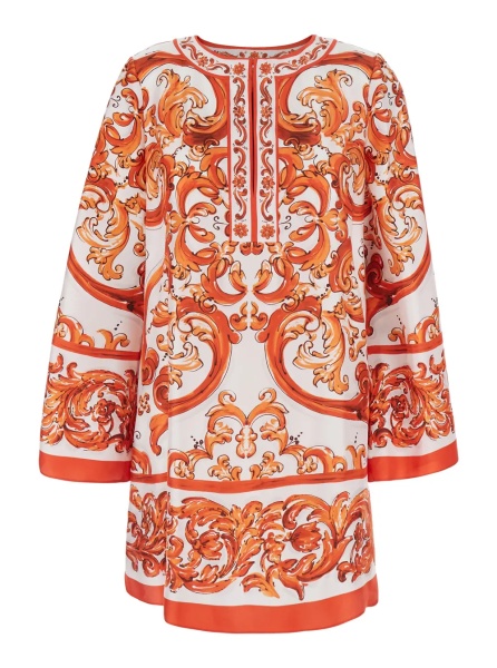 Rochii Orange Mini Dress with Wide Long Sleeves and Maiolica Motif All-Over in Silk Woman