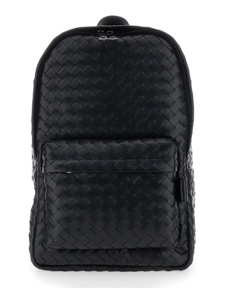 Rucsac Backpack with Adjustable Straps and Intreccio Motif in Black Leather for Men
