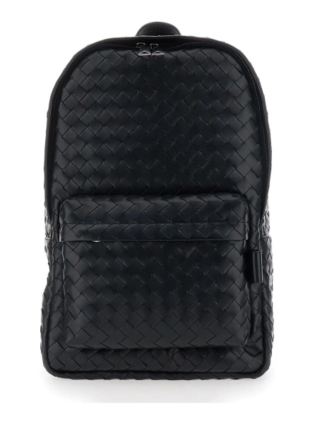 Rucsac Backpack with Adjustable Straps and Intreccio Motif in Black Leather for Men