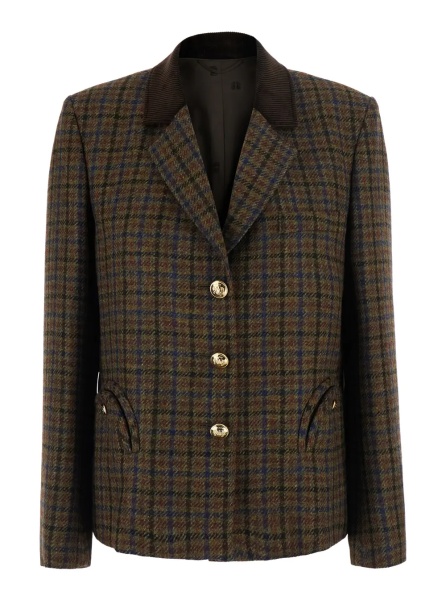 Sacou 'Amandira' Brown Single-breasted Jacket with Notched revers and check Motif all-over in wool for women