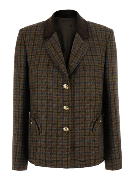 Sacou 'Amandira' Brown Single-breasted Jacket with Notched revers and check Motif all-over in wool for women