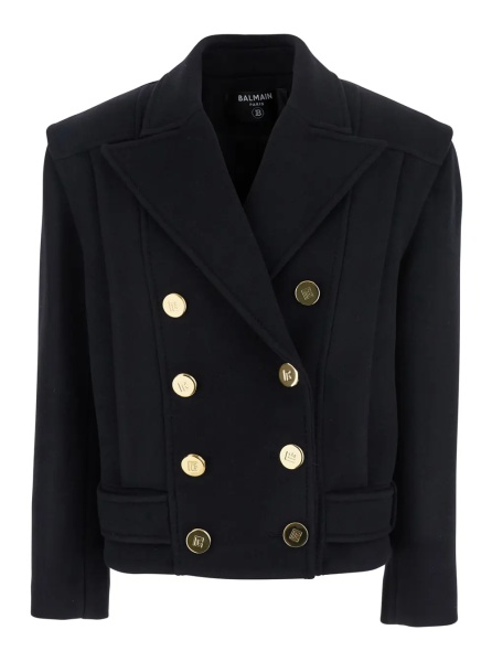 Sacou Black Jacket with Wide Lapels and Metallic Logo Buttons in Wool Woman