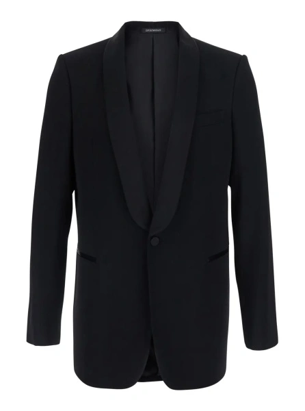 Sacou Blazer with lapel collar and long sleeves in black wool for men