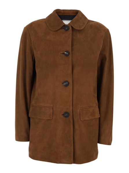 Sacou Brown Suede Jacket with Classic Collar and Two Flap Pockets for Women