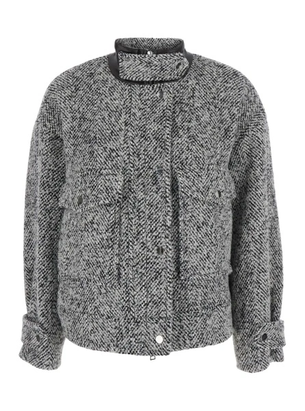 Sacou Grey Jacket with high collar with button and two front pockets in wool blend for women