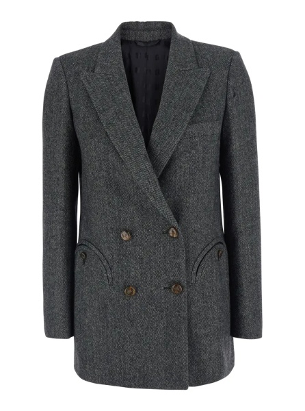 Sacou 'J Line' Grey Double-breasted Jacket with Peak Revers in Wool Blend for Women