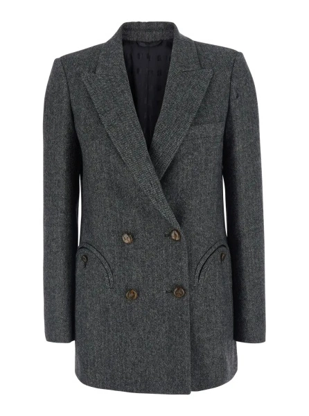 Sacou 'J Line' Grey Double-breasted Jacket with Peak Revers in Wool Blend for Women