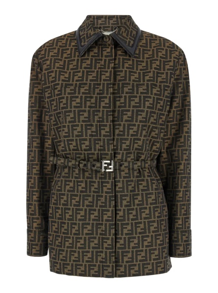 Sacou Jacket with FF All-Over Motif in Cotton Blend Brown Woman