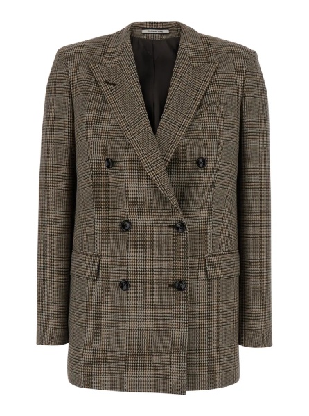 Sacou 'Jasmine' Brown Double-Breasted Jacket with Peak Revers and Check Motif All-Over in Wool for Women