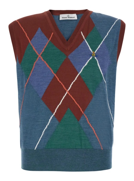 Sacou multicolor Crew neck vest with Argyle motif logo on the front in wool for men