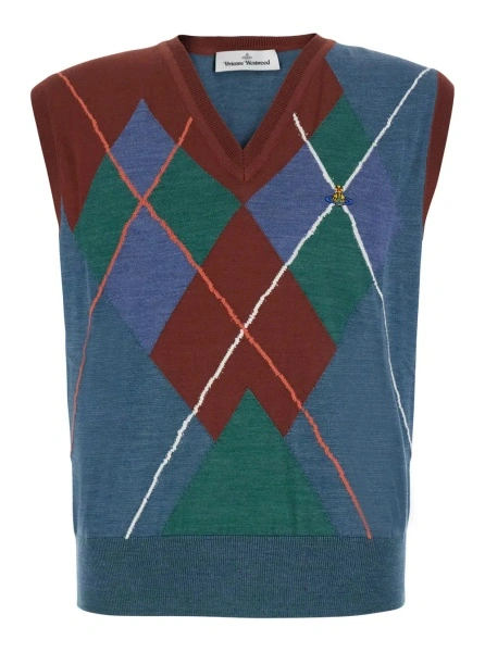 Sacou multicolor Crew neck vest with Argyle motif logo on the front in wool for men