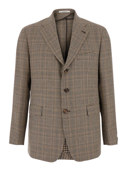 Sacou 'New York' Beige Single-breasted Jacket with notched revers and houndstooth motif in wool for men