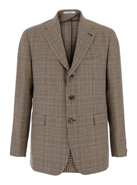 Sacou 'New York' Beige Single-breasted Jacket with notched revers and houndstooth motif in wool for men