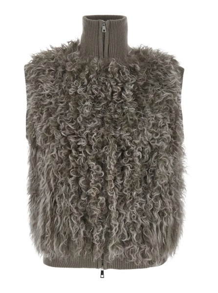 Sacou P.A.R.O.S.H. Beige Sleeveless Jacket with High Collar and Applied Fur in Wool for Women