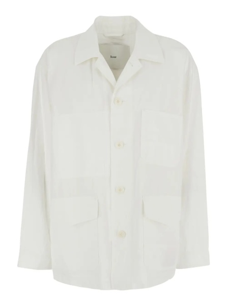Sacou White Jacket with Wide Collar and Three Patch Pockets on the Front in Cotton Blend for Women