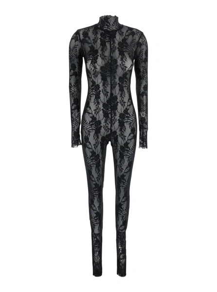 Salopete Black High-neck jumpsuit with hidden back zip closure and all-over lace embroidery in Tech Fabric for women