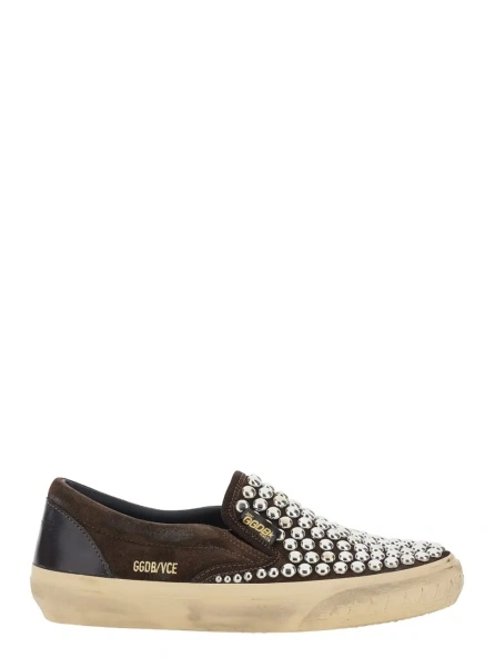 Sneakers Brown Low Top Sneakers with Stud Embellishment in Leather for Women