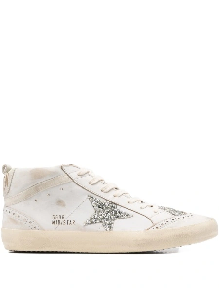 Sneakers Golden Goose mid star neutri din sclipici si piele